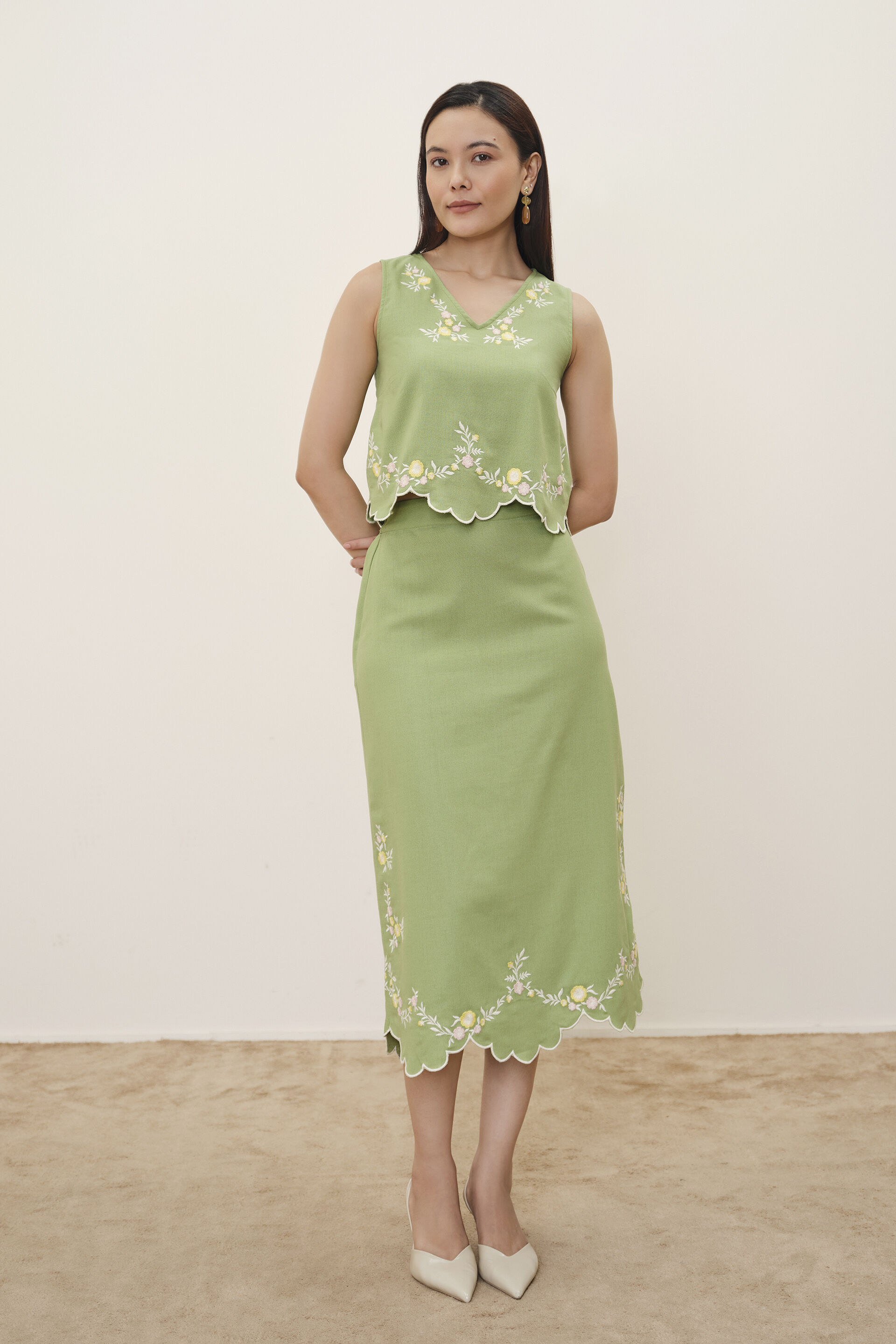 Lauryn Green Embroidered Skirt Set, Sage Green, image 2